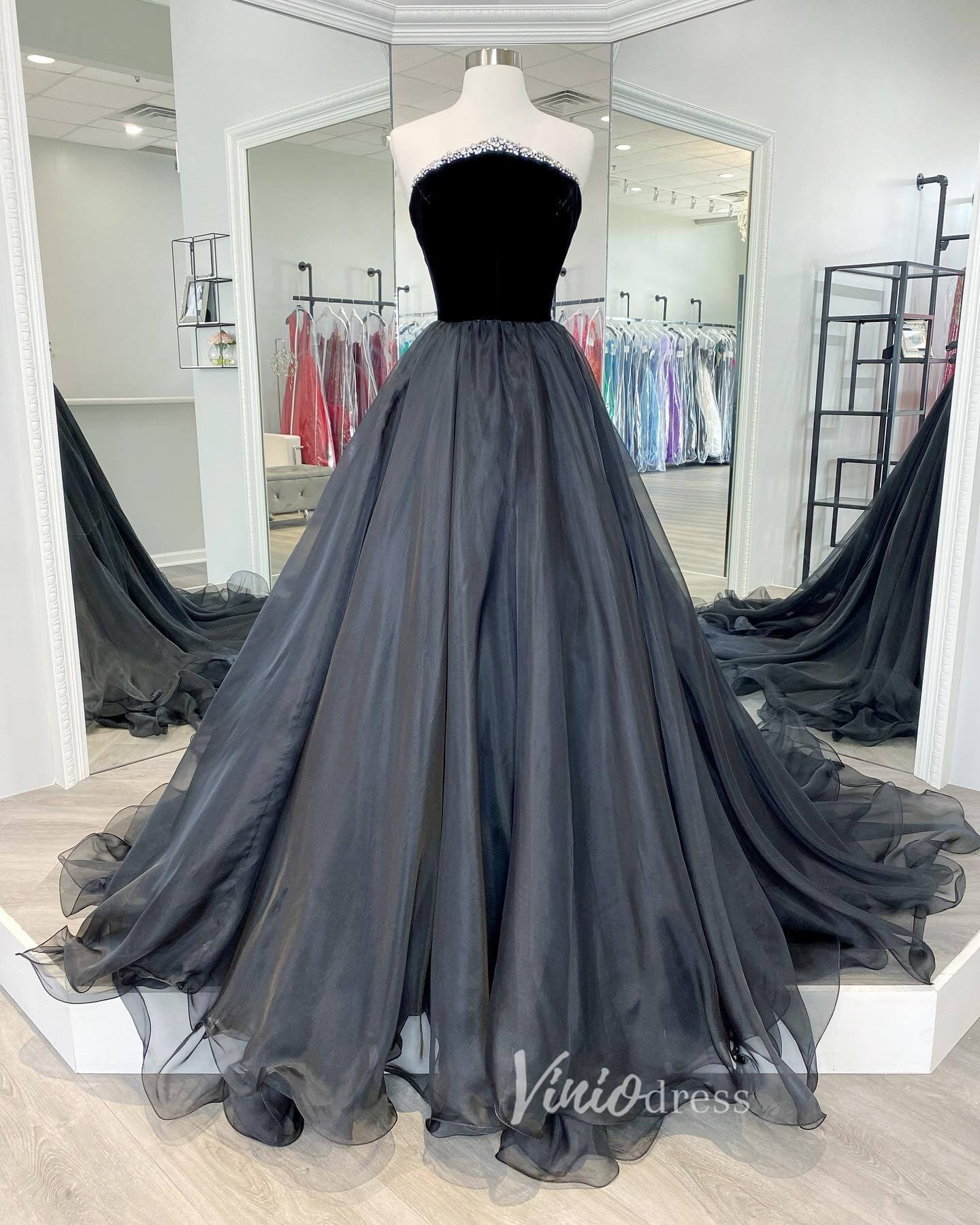 Strapless Black Velvet Long Prom Dresses With Leg Slit , Black Velvet –  morievent